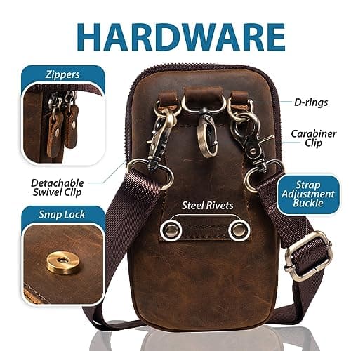 Hengwin Genuine Leather Mobile Phone Belt Bag, Cellphone Crossbody Pouch for Men, Mobile Phone Accessories, Outdoor, Travel, Waist Bag with Belt Clip, Messenger Bag Organizer (Coffee) — view 4