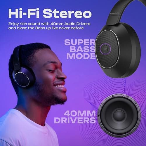 PowerLocus Hybrid Active Noise Cancelling Headphones, 60 Hours Playtime Over Ear Bluetooth Headphones, Hi-Fi Stereo Wireless Headphones with Bass Button, Foldable, with Mic for Travel,Mobile Phone,PC — view 3