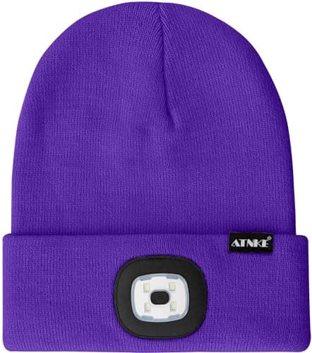 ATNKE LED Lighted Beanie Hat, USB Type C Rechargeable 4 LED Running Headlamp Ultra Bright Cap with Light Hands Free Head Torch Winter Warm Knit Beany Gifts for Men and Women/Purple — view 2