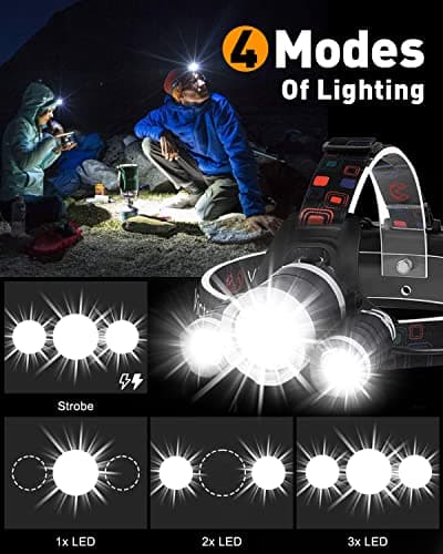 Victoper Head Torch Rechargeable Stocking Fillers for Men Headlight with 3 Lights 4 Modes, 6000 Lumen Super Bright LED Lamp, Hands-Free Camping, Fishing, Cycling Hiking Waterproof — view 3