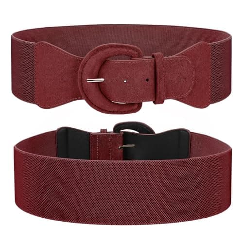 JASGOOD Women Suede Elastic Belt Wide Stretchy Waist Belt, Vintage Chunky Buckle Belts for Dress,Burgundy — view 6