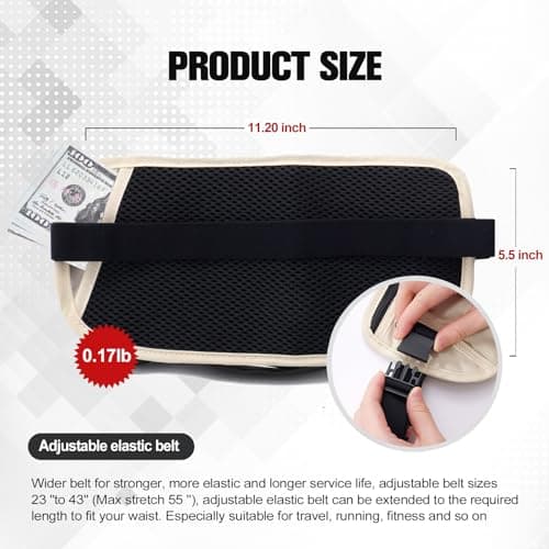 paissit Unisex Money Belt for Men and Women, Slim Passport Holder RFID Blocking Travel Pouch with Adjustable Strap Small Waist Pouch for Workout Running Travelling Hiking, Cream White, M — view 6