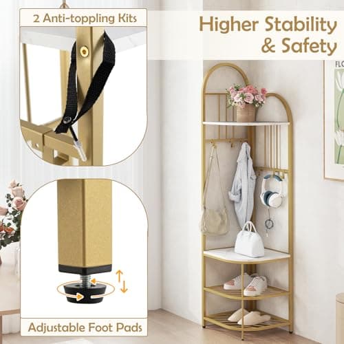 COSTWAY Corner Coat Rack Stand, 4-Tier Freestanding Hall Tree with Shoe Bench, Storage Shelves & 6 Hooks, Metal Frame Garment Rack Clothes Hanger Organiser for Hallway Bedroom (White + Gold) — view 5