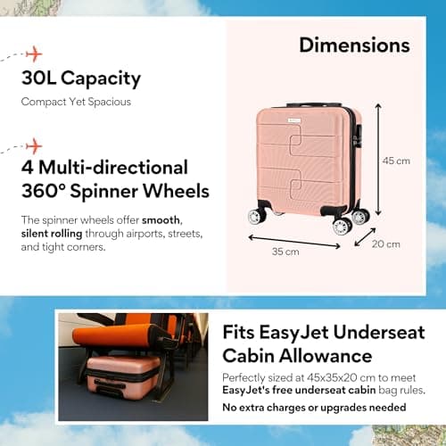 WORLD EXPLORER Rose Gold Cabin Suitcase 45x35x20cm, 30L ABS Shell, 4 Wheels — view 2