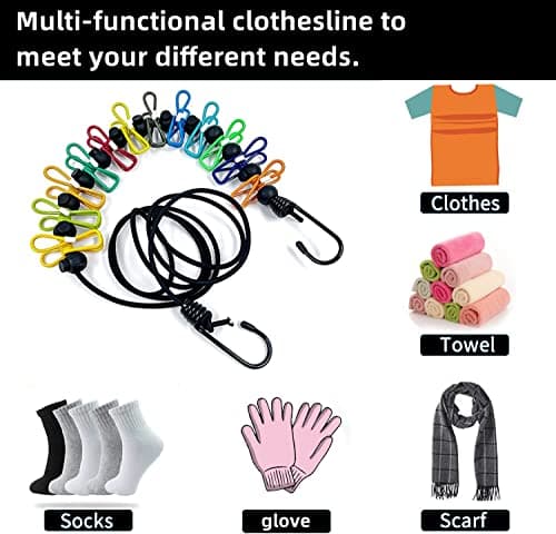 Portable Clothesline,Retractable Clothesline for Travel,Clothing line with 12 Clothes Clips,for Indoor Laundry Drying line,Outdoor Camping Accessories (colorful) — view 3