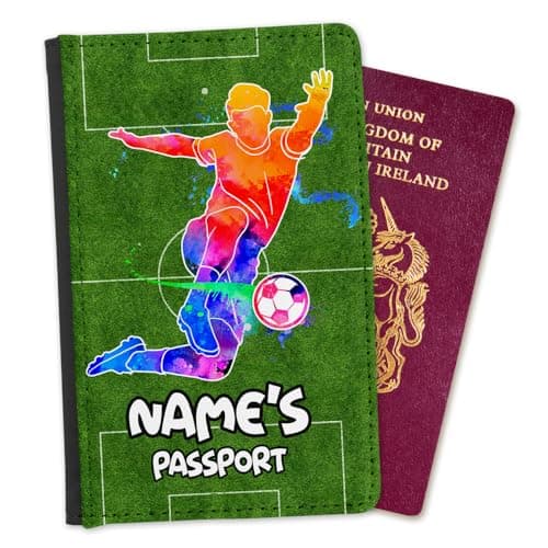 EnvyFone Personalised Passport Cover Holder - Football Pitch Shot for Goal Fan Team - Any Name - Boys or Girls Kids Adults Teens - Holiday Accessory Gift