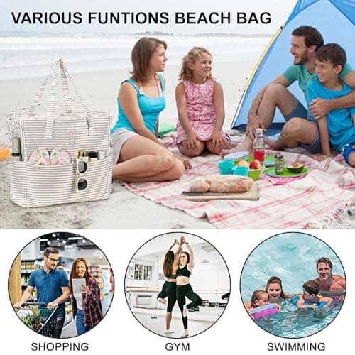 Bluboon Beach Bags for Women, Large Waterproof Tote Bag With Wet Compartment for Pool Weekender Travel Gym, Brown Striped Bow, XL, Casual Sporty Tote — view 6