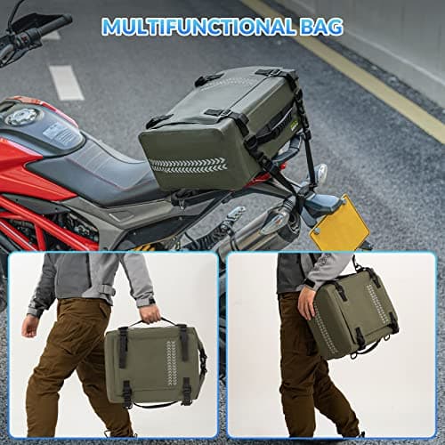 ROCKBROS Motorbike Tail Bag 100% Waterproof Motorcycle Saddle Bag Motor Rear Trunk with Shoulder Strap Pannier Bag for Luggage Storage, Motorcycling, Riding, Travel 30L Sand Green — view 5