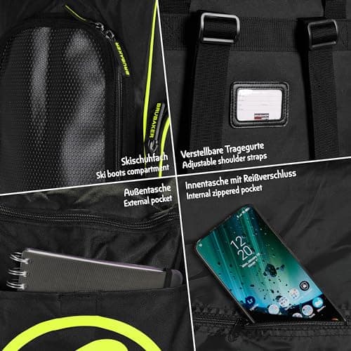 BRUBAKER Super Champion Ski Boot Bag Helmet Bag Backpack with Shoe Compartment - Black/Neon Yellow — view 5