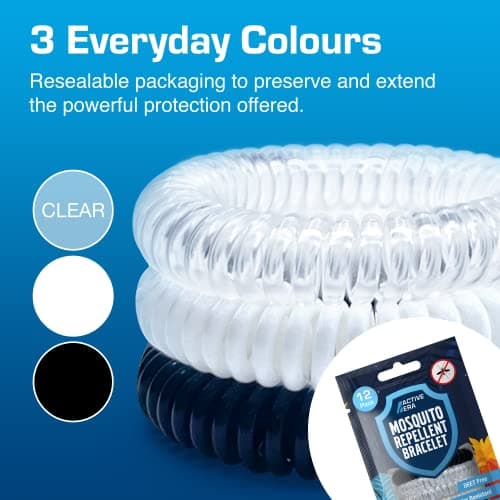 Active Era Mosquito Repellent Bracelet, Insect Midge & Mosquito Bands - Powerful DEET Free Formula - Waterproof with 250 Hours / 10 Days of Protection (Clear/Black/White - 12 Pack) — view 4