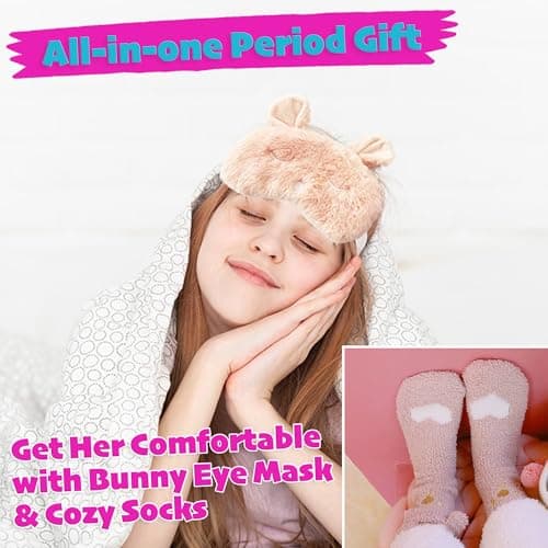 First Period kit for Girls | 22 PC Period Packs for Young Girls First Time | First Period Gift for Teen Girls with Sanitary Pad Storage Bag, Wipes, Bracelet, Eye Mask, Socks and More (Pink) — view 6