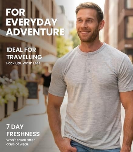 100% Merino Short Sleeve Shirts Men, Henley T-Shirt Mens, Shirt with Pocket (Medium, Heather Grey Hnly) — view 5