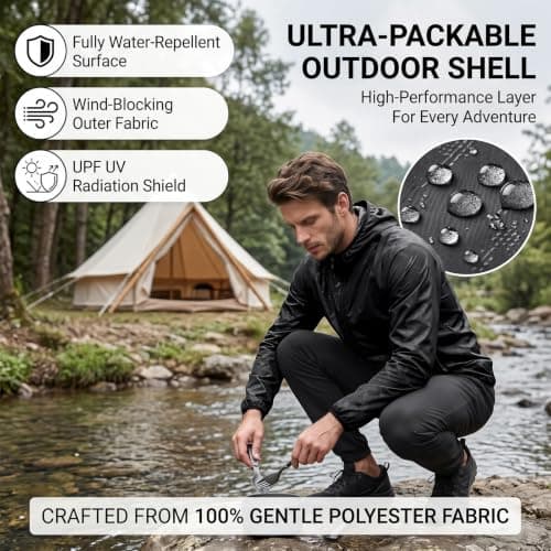Zouwel Men's Waterproof Hooded Jacket,Lightweight Windproof Packable Raincoat,Portable Sun Protection Outdoor Hiking Rain Jacket No Pocket (UK, Alpha, XL, Regular, Regular, BLack) — view 6