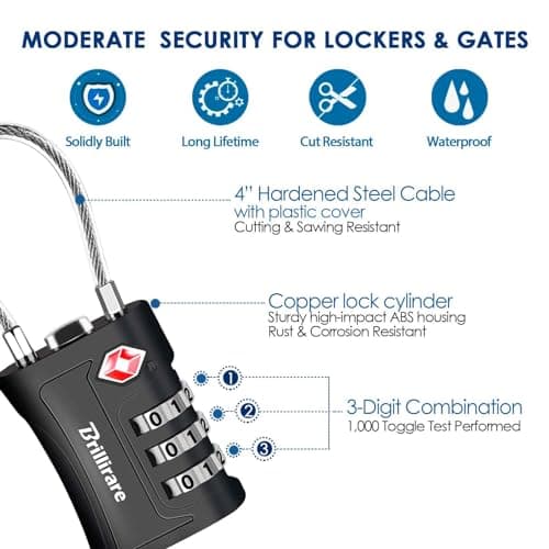 BRILLIRARE 2 Pack TSA Approved Luggage Locks, Combination Travel Cable Padlock, 3-Digit Waterproof Lock, TSA Accepted Outdoor Keyless Resettable Lock for Lockers, Bags, Gym, Gate-Black — view 4
