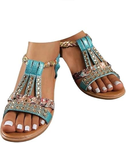AEHAXGD Rhinestone Wedge Sandals for Women 2026 Summer Orthopedic Bohemia Sparkly T Strap Shoes Embellished Jeweled Beaded Sandals with Elastic Ankle Strap Comfy Cute Sandals for Beach Travel