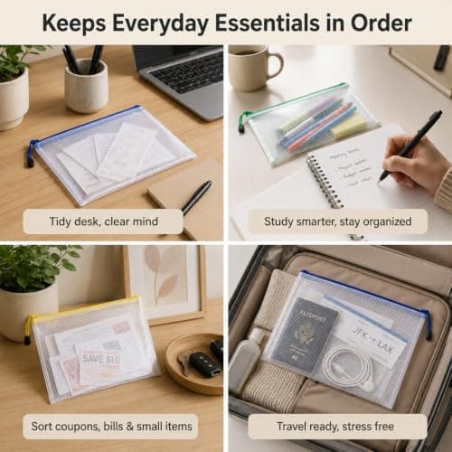 Solvind 10 Pack B8 Plastic Mesh Zipper Bags, Waterproof Zip File Folders, Small Document Storage Pouches for Office Home Travel Stationery Organisation, Multicolour — view 5