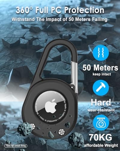 SCALLOP for AirTag Holder with Carabiner,Thick Hard PC AirTag Keyring,IPX8 Waterproof,Secure Lock,Transparent Window,Metal Spring Buckle,Universal Wheel Key Ring for Apple AirTag (Black 1 Pack) — view 6