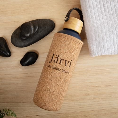 Jarvi The Sauna Bottle - Icy Cold Water & Cool to Touch even in Hot Saunas - Natural Cork x Neoprene Outer Layer - Double Wall Insulated Steel Bottle (Deep Blue, Medium - 25 oz / 750ml) — view 3