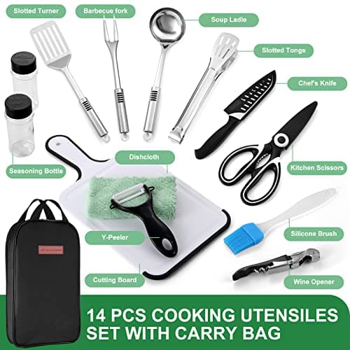 Odoland Camping Cookware Utensils Travel Set, Camp Kitchen Utensil Organizer, Cutting Board, Kitchen Scissors, Slotted Tongs Seasoning Bottle and Case for Backpacking, Outdoor Black — view 2