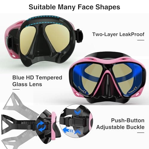 Snorkeling Gear for Adults, Snorkel Mask With Mirrored Tempered Glass Lens 180° Wide View Anti-Fog Scuba Diving Mask, Professional Snorkel Set for Swimming Diving (Black+Pink) — view 4