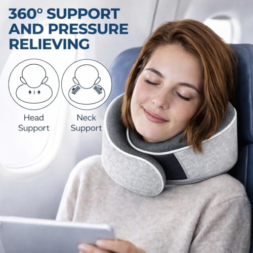 Relaxd Travel Pillow for Adults | Adjustable Memory Foam Neck Pillow for Travel | 360 Degree Neck Support | Removable Pillow Case | Includes Eye Mask, Earplugs, Travel Bag | Light Grey | UK Brand — view 2