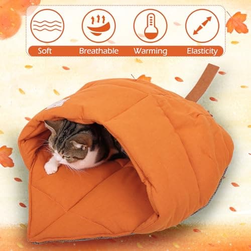 TANGN Cat Sleeping Bag, Linen Fabric Bed Cave Leaf Nest Pet Cuddle Zone Covered Hide Hood Burrowing Cozy Soft Durable Washable with Non-Slip Bottom for Indoor Puppy and Kitten (Orange) — view 2