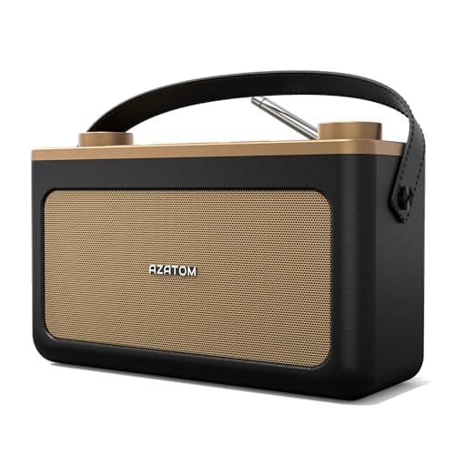 DAB/DAB+ & FM Portable Digital Radio | Leather Design | Bluetooth | Battery & Mains Powered (4x”C”) | Dual Alarms & Sleep Timer | Perfect for Home, Office or Outdoors | AZATOM Classic (Black/Gold)