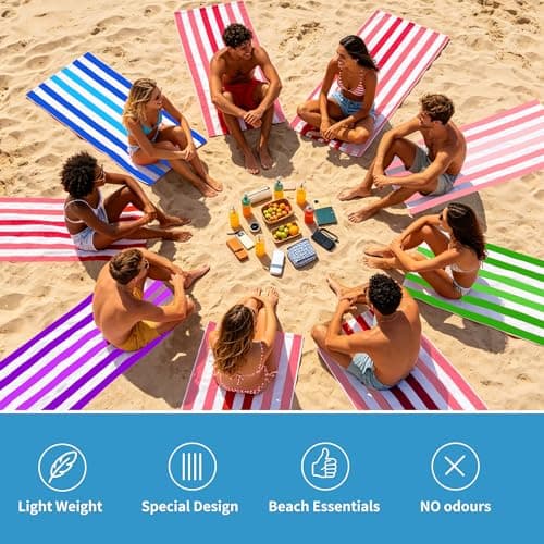 HEYDIUDIU Oversized 35x70 Inch Striped Beach Blanket Set, Quick Dry Sand-Free Microfiber Beach Mat with Matching Towel, Lightweight and Sand Free Mat for Beach and Camping Outdoor Use (Pink) — view 4