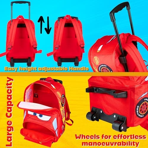Disney Cars Backpack for Kids, 2-in-1 Lightning McQueen Trolley Bag for School & Travel, Compact Small Suitcase with Wheels (Red Lightning Mcqueen) — view 3
