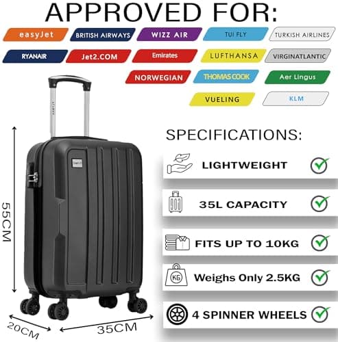 55x35x20 Cabin Suitcase Carry on Suitcase Hard Shell Hand Luggage Cabin Bag Case Approved For Ryanair EasyJet 2 Small Fits 8kg 10kg 35 Litre Capacity + 3 Digit Lock + Telescopic Handle Cabin Luggage — view 3
