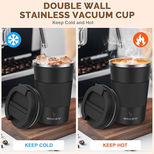 MOMSIV Coffee Cup, Insulated Coffee Cup with Leakproof Lid, Non-Slip Vacuum Reusable Stainless Steel Eco-Friendly Travel Office Mug for Hot and Cold Water Coffee and Tea, 380ml/13oz(Black) — view 3
