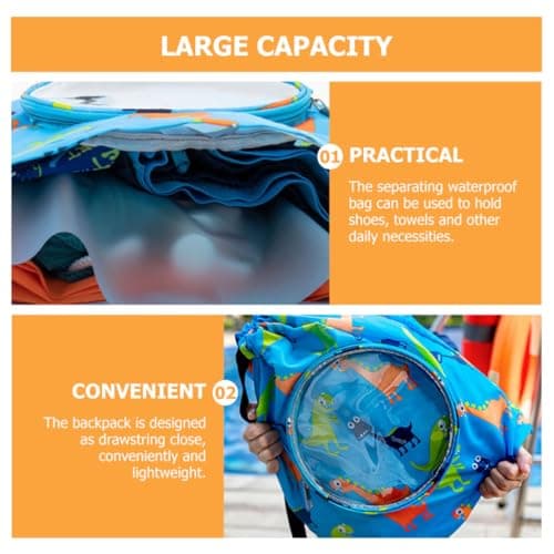 MAGICLULU Waterproof Swimming Drawstring Backpack PVC Large Blue Dinosaur Dry Wet Separate Bag with Shoe Compartment for Travel Camping — view 5