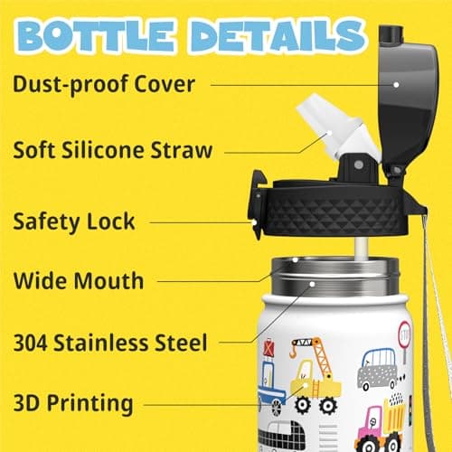 OLDLEY 420ml/14oz Kids Stainless Steel Water Bottle with Straw for School Insulated Metal Water Bottles Leakproof Reusable Double Wall Vacuum Small Flask Keep Drinks Hot Cold for Boys Girls (Car) — view 3