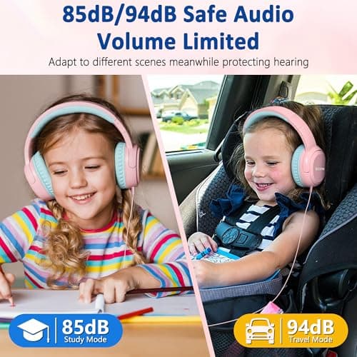 MOXKING Kids Wired Headphones with Microphone, Safe Volume Limiter, Pink — view 2