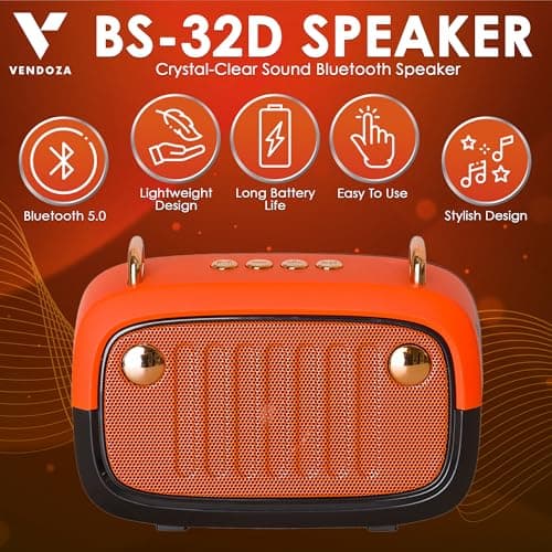 Vendoza Retro Bluetooth Speaker Portable Wireless Mini Speaker – 5W Compact Travel Speaker with 10-Hour Battery, Bluetooth 5.0, Stylish Vintage Design for Home, Picnics & Gifts – Orange — view 3