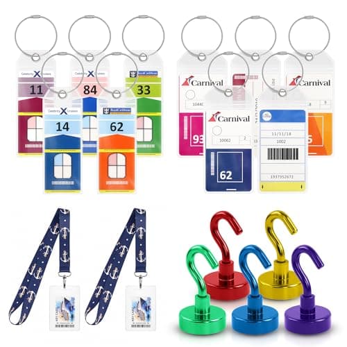 Cruise Essentials Set (17 Pack) – Travel Ship Accessories Kit – Luggage Tags, Lanyard with Ship Key Card Holder, Cabin Hooks – Compatible with All Cruise Lines