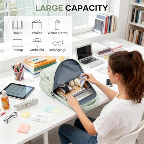 HYC00 School Bag Girls Teens Backpack Womens Fits 15.6 Inch Laptop Water-Resistant Lightweight Rucksack Bag for Women with Anti-Theft Pocket for School College Travel Work Casual Daypacks, Mint Green — view 4