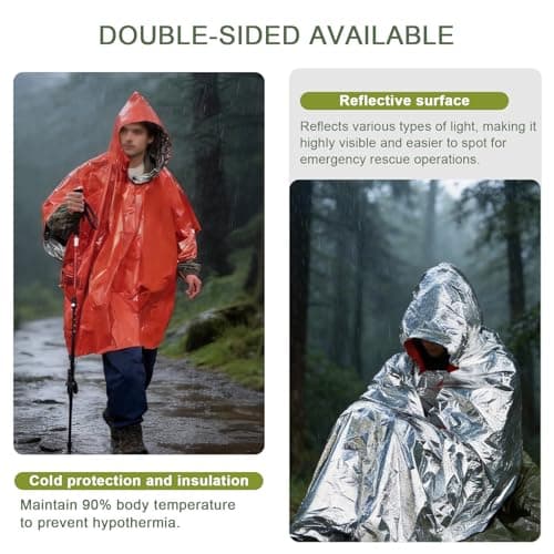 BaBahuanhuan Emergency Survival Poncho (4pc) Thermal Mylar Foil Coating Blanket for Heat Retention and Rain | Reversible with Hood | Waterproof, Windproof, Portable, Hands-free (Orange, Green) — view 4