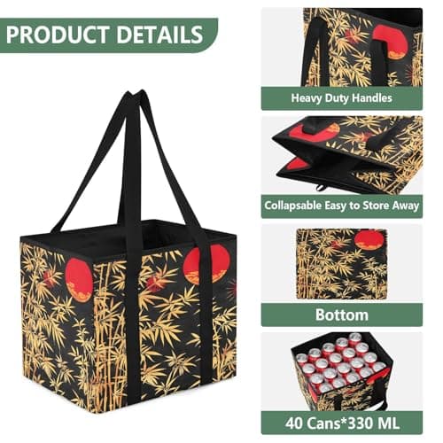 Quteprint Car Trunk Organizer, Japanese Gold Bamboos Moon 600D Oxford Foldable Storage Bag with Handles, 13.0x10.8x10.2in, Portable Collapsible Container for Groceries, Kitchen, Picnic & Travel — view 3
