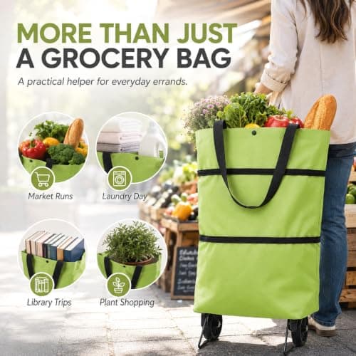 2-in-1 Foldable Shopping Cart with Wheels, Reusable Waterproof Collapsible Grocery Tote Bag, Portable Shopping Trolley for Supermarket, Laundry & Travel — view 6
