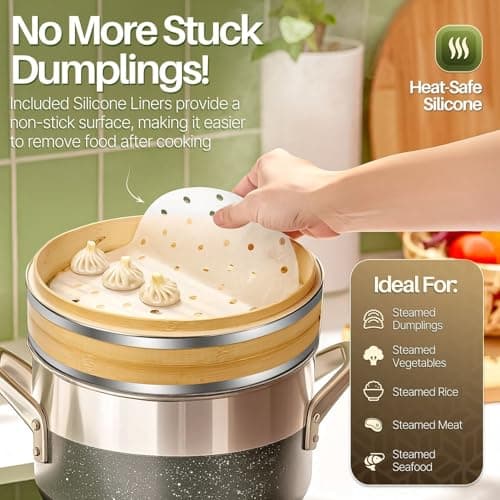 Flexzion 8-Inch Bamboo Steamer Basket Set with Stainless Steel Banding — view 3