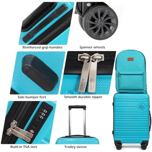 Aklsvion 20 Inch Suitcase Set PC Hard Shell Luggage Hand Luggage Travel Trolley Case Cabin Bag Sets 3 Piece Luggage Sets with Travel Backpack and Toiletry Bag for Short Travel (Turquoise) — view 4