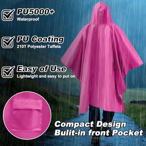 Dr.Fish Waterproof Rain Poncho for Adults, Lightweight Hooded Rain Coat Jacket with Pockets, Breathable Ripstop Rainwear for Hiking Camping Cycling, Packable with Storage Bag Pink — view 3