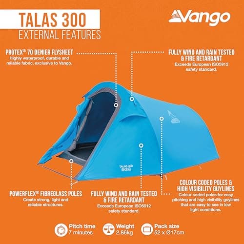 Vango Talas 300 Tunnel Tent [Amazon Exclusive] Easy To Pitch 3 Man Tent Waterproof for Adventure Camping, River Blue — view 5