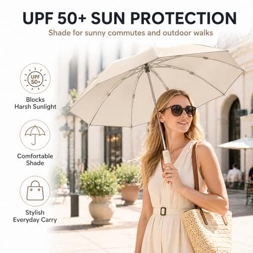 SFDRANVEX Automatic Compact Travel Umbrella Windproof Folding UV Sun Protection Lightweight Strong Frame(​Light Khaki) — view 5