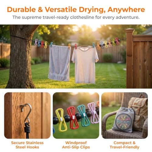 Rovelin 2 PCS Portable Travel Washing Line with12 Windproof Pegs — view 6