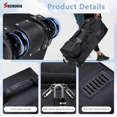 SUCIKORIO Travel Duffle Bag with Wheels 3 in 1 Travel Backpack Wheels Waterproof Oxford Carry On Hand Luggage Backpack with Combination Padlock Weekend Gym Bags for Women, Men, Travelling, Black — view 4