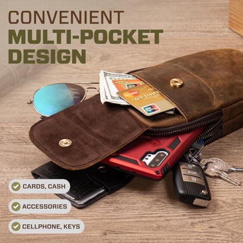Hengwin Multifunctional Genuine Leather Double Zip Bags Men Vintage Look Shoulder Bag Mobile Phone Belt Bag Phone Holster for Travel, Outdoor Activities (Coffee) — view 3