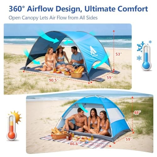 Flycoop 2026 Upgrade Beach Umbrella with UPF 50+ UV Protection – Compact & Portable Beach Tent Canopy with 360° Ventilation, Wind Ropes & Stakes – Family, Travel, Backyard, Park Shade — view 2