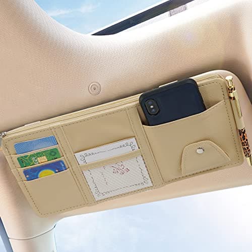 2 Pcs Sunglasses Holders for Car Sun Visor, Leather Car Sun Visor Organizer Travel Document Holder with Multi Pocket Net Zippers, Auto Interior Accessories Suitable for Car,SUV,Truck(Black) — view 4